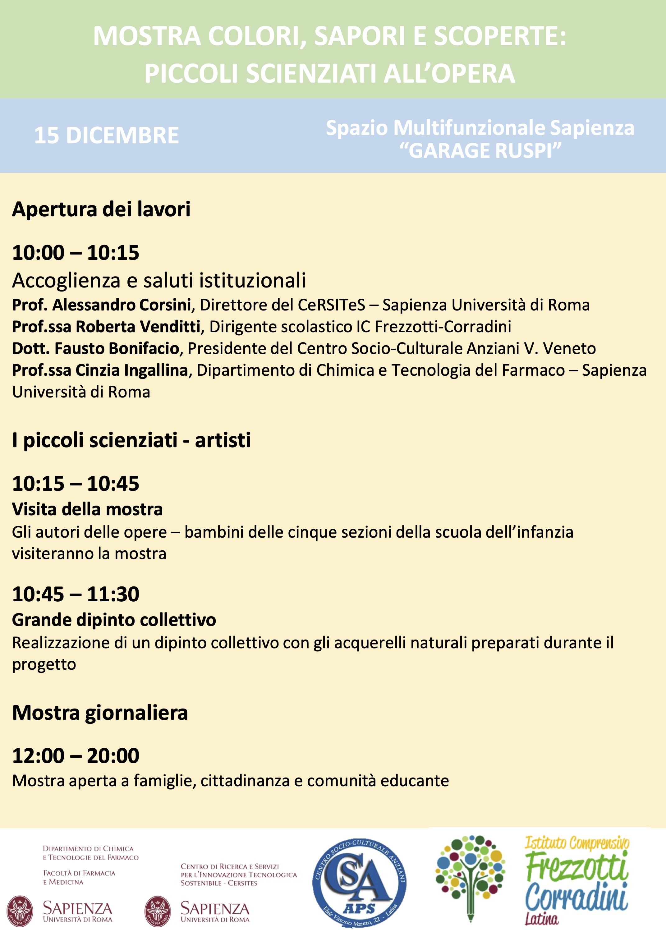 15 dicembre - Chiusura della sala studio per Mostra "Colori, Sapori e Scoperte"